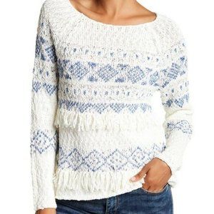 JOIE Lusia Ivory Blue Fringe Trimmed Sweater Size Small